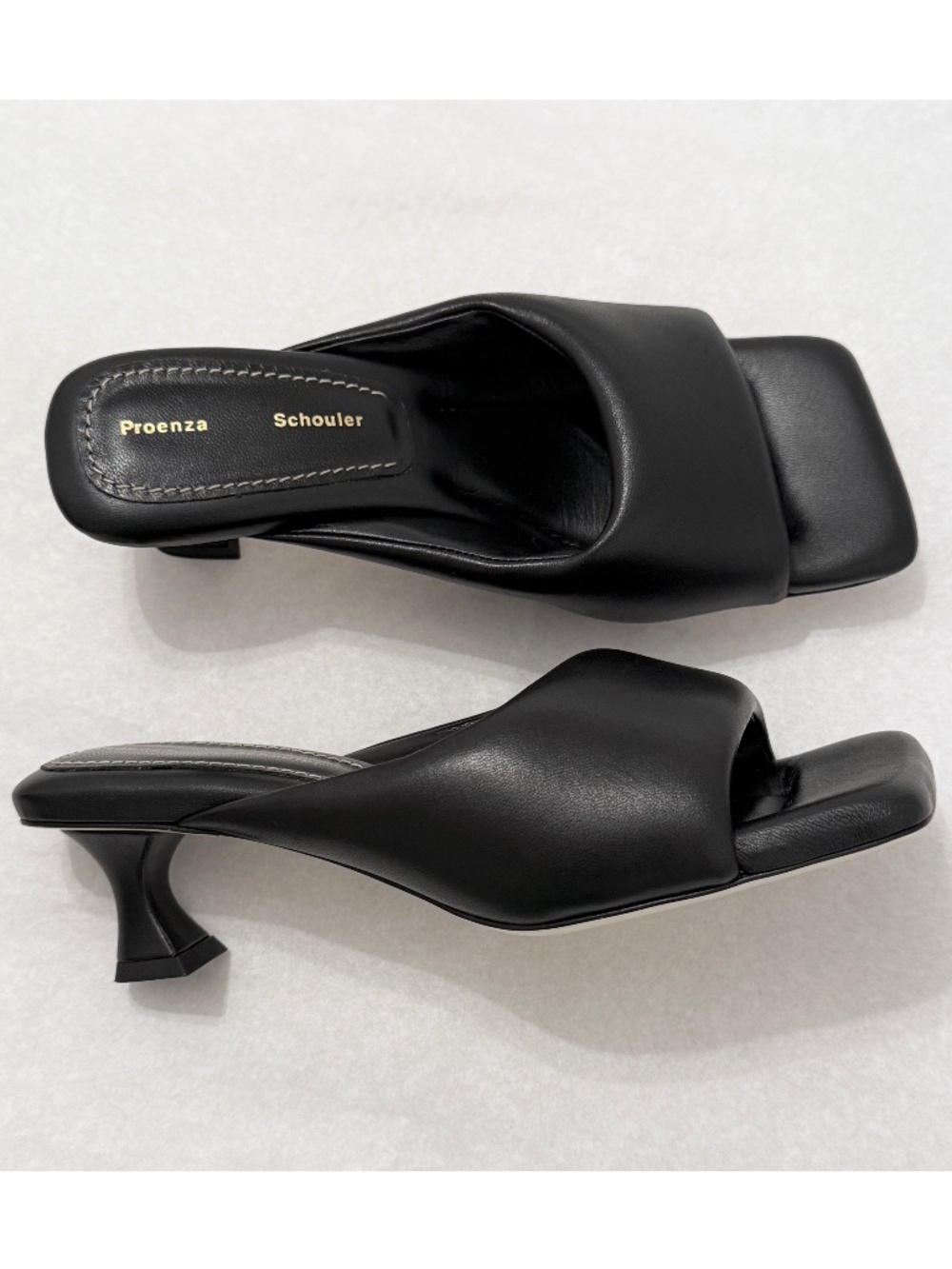 Proenza Schouler Leather Puffy Kitten Heel Slide Sandals Mules in Black NWOB